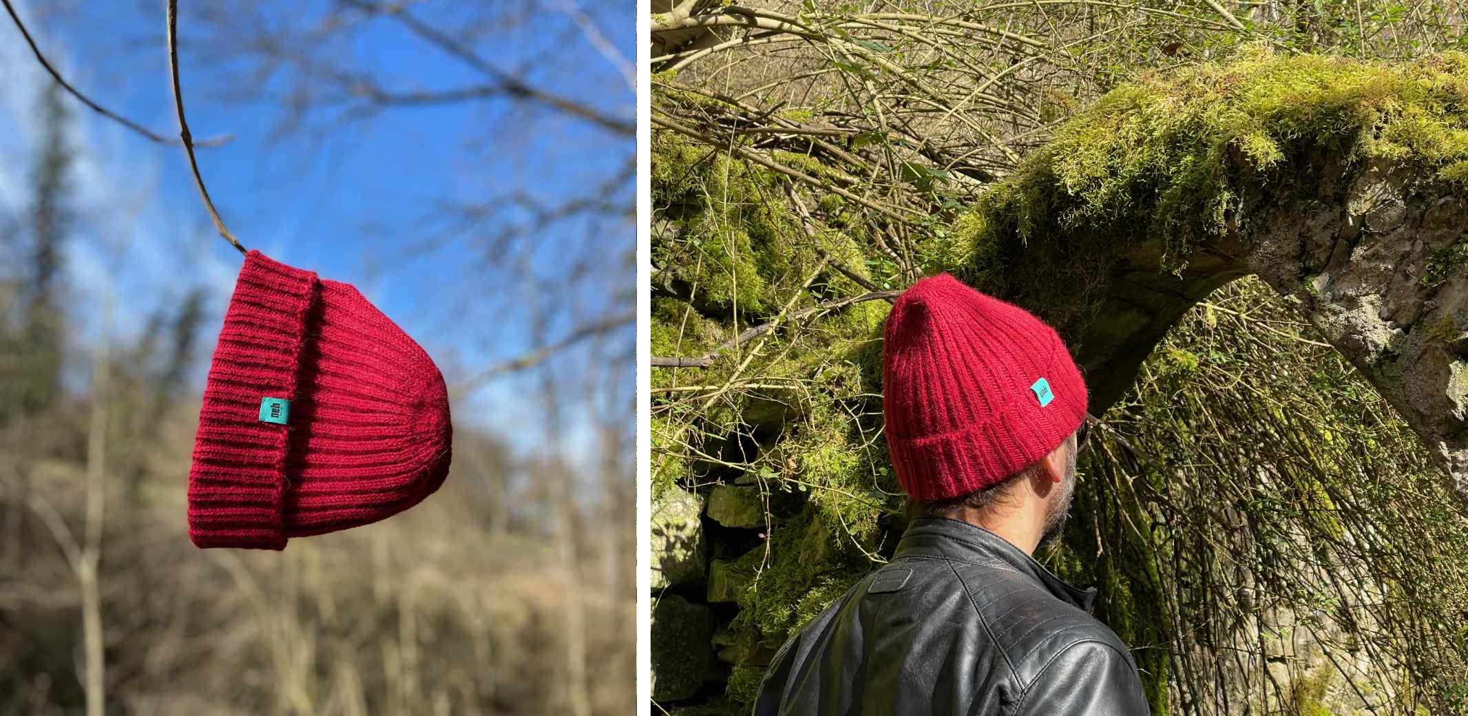 Mütze hängt an einem Ast und daneben ist ein weiteres Foto mit roter Mütze auf dem Kopf eines Mannes in der Natur